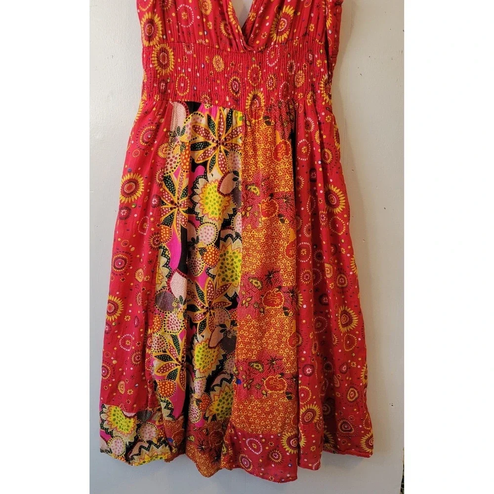 Jane Ashley Red Patchwork Floral Cotton Smocked Midi Dress XL Boho V-Neck - Picture 4 of 12